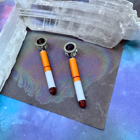 Burning Cigarette Dangle Gauges Silver Steel Ear Plugs Tunnels Quit Smoking  Half Burnt Novelty Cig Fake Cigs 2g 0g 00g 1/2