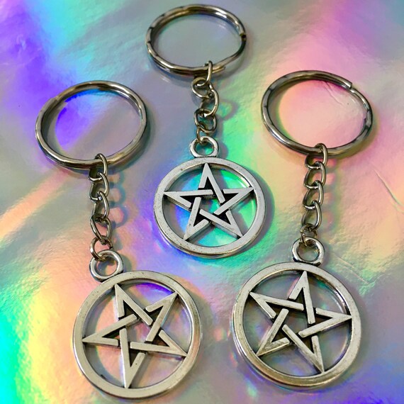 Do No Harm Jewelry Key Chain Wiccan Key Chain Silver Pentacle Key Chain Purple Key Chain