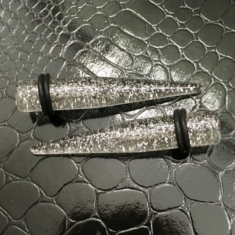 Clear With Silver Glitter Acrylic Taper Ear Plugs Gauges PAIR Tapered Stretchers Size:14g,12g,10g,8g,6g,4g,2g,0g,00g by Pink Alien Babe
