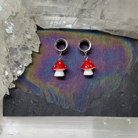Fairy Dangle Plug Earrings Fairy Mushroom Dangles Silver Steel Ear