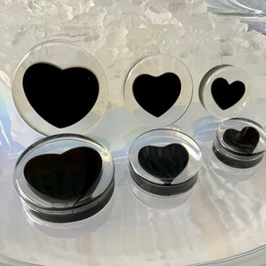 Up to 2" Demeter Inner Love Clear Black Heart Ear Plugs Gauges Extra Big 2g 0g 00g 1/2" 9/16" 5/8" 3/4" 11/16" 7/8" 1" 30mm 40mm 46mm 50mm