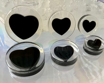 Up to 2" Demeter Inner Love Clear Black Heart Ear Plugs Gauges Extra Big 2g 0g 00g 1/2" 9/16" 5/8" 3/4" 11/16" 7/8" 1" 30mm 40mm 46mm 50mm