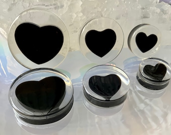 Up to 2" Demeter Inner Love Clear Black Heart Ear Plugs Gauges Extra Big 2g 0g 00g 1/2" 9/16" 5/8" 3/4" 11/16" 7/8" 1" 30mm 40mm 46mm 50mm