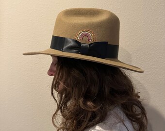 Lesbian Rainbow brown wide brimmed hat Ready to Ship hand embroidered hat embroidery