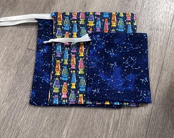 Drawstring Fabric Gift Bags constellations galaxy cat lava lamps