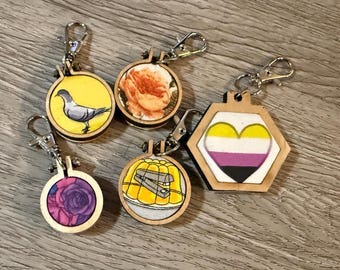 tiny embroidery hoop wooden and fabric dwight the office staple jello pretzel roses keychain