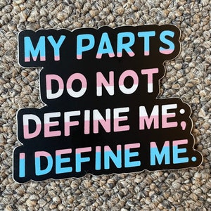 May include: A black and white sticker with the text "My parts do not define me; I define me." in a rainbow colour scheme.