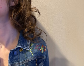 Hand embroidered floral thrifted jean jacket denim universal goods size xs extra small