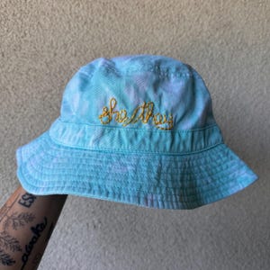 Teal bucket hat blue aqua tie dye she they pronoun Ready to Ship hand embroidered embroidery