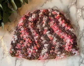 crocheted ponytail hat Pink brown and cream ponytail beanie winter accessories Christmas gift