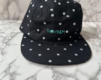 embroidered flat brim hat Black and white polka dot baseball cap they them pronoun  Ready to Ship hand embroidered dad hat embroidery