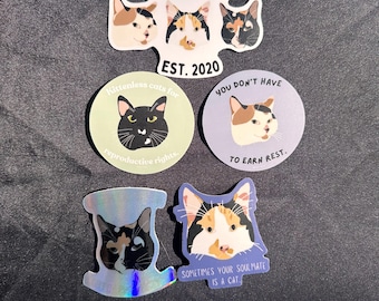 Paquete de cinco pegatinas de vinilo con temática de gatos y activismo en salud mental.