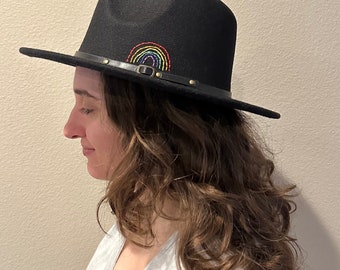 Rainbow black wide brimmed hat Ready to Ship hand embroidered hat embroidery