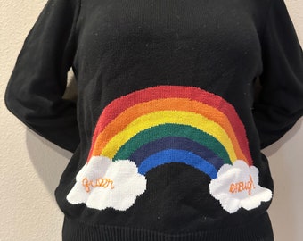 Rainbow queer enough hand embroidered black thrifted crew-neck sweater size 1X forever 21