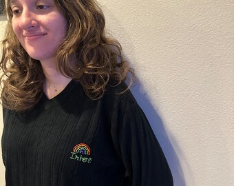 Rainbow I’m here hand embroidered black  thrifted v-neck sweater size large dockers
