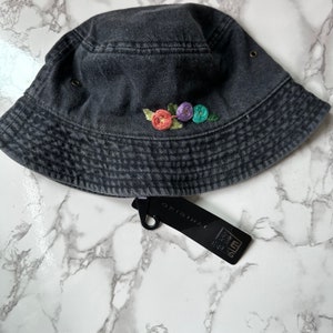 Gray bucket hat floral design blue pink purple Ready to Ship hand embroidered embroidery image 1