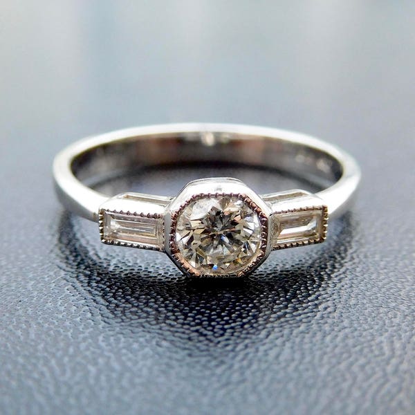 Vintage style engagement ring, art deco style diamond engagement ring, pretty three stone diamond engagement ring,