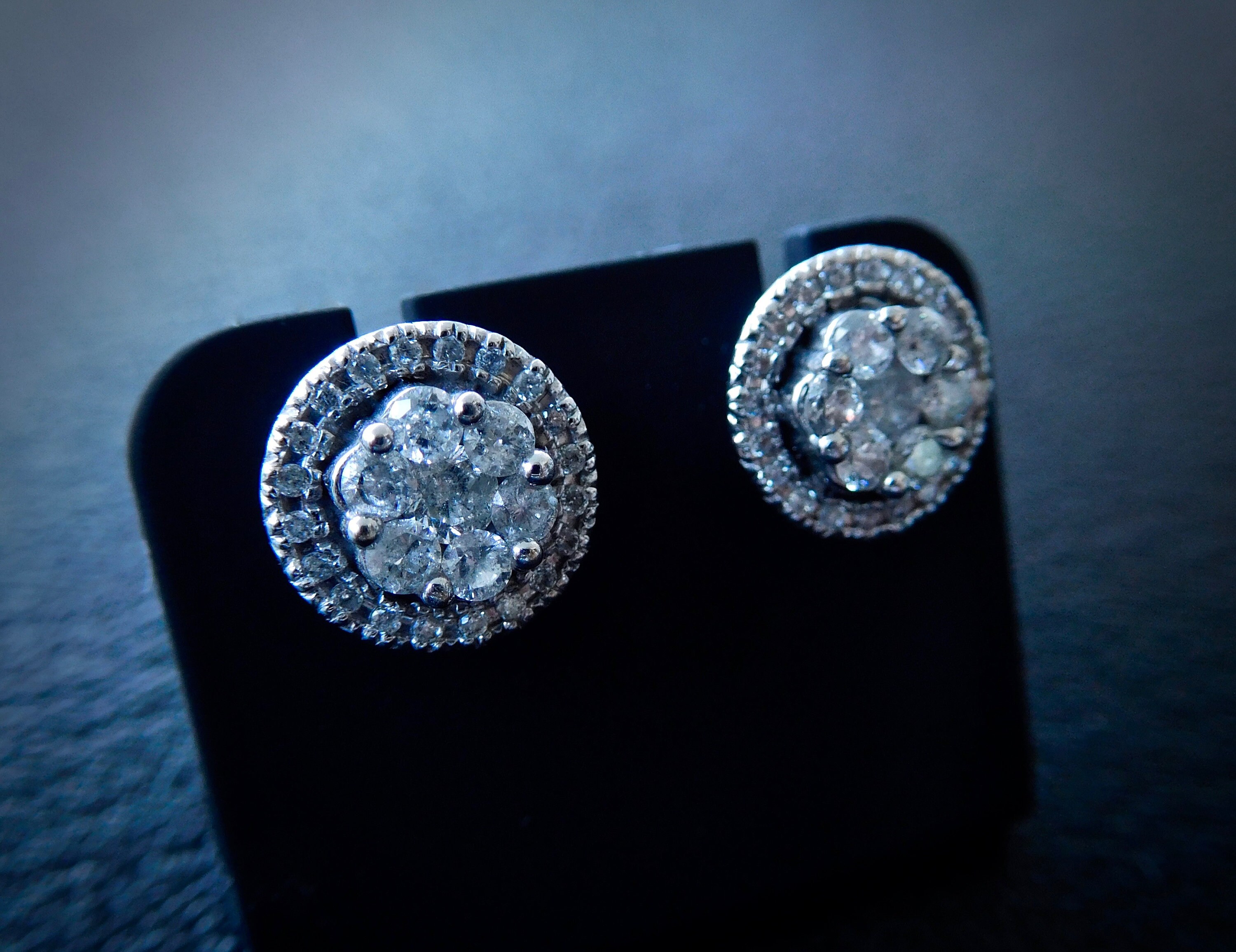 Vintage style white gold & diamond cluster earrings, large diamond