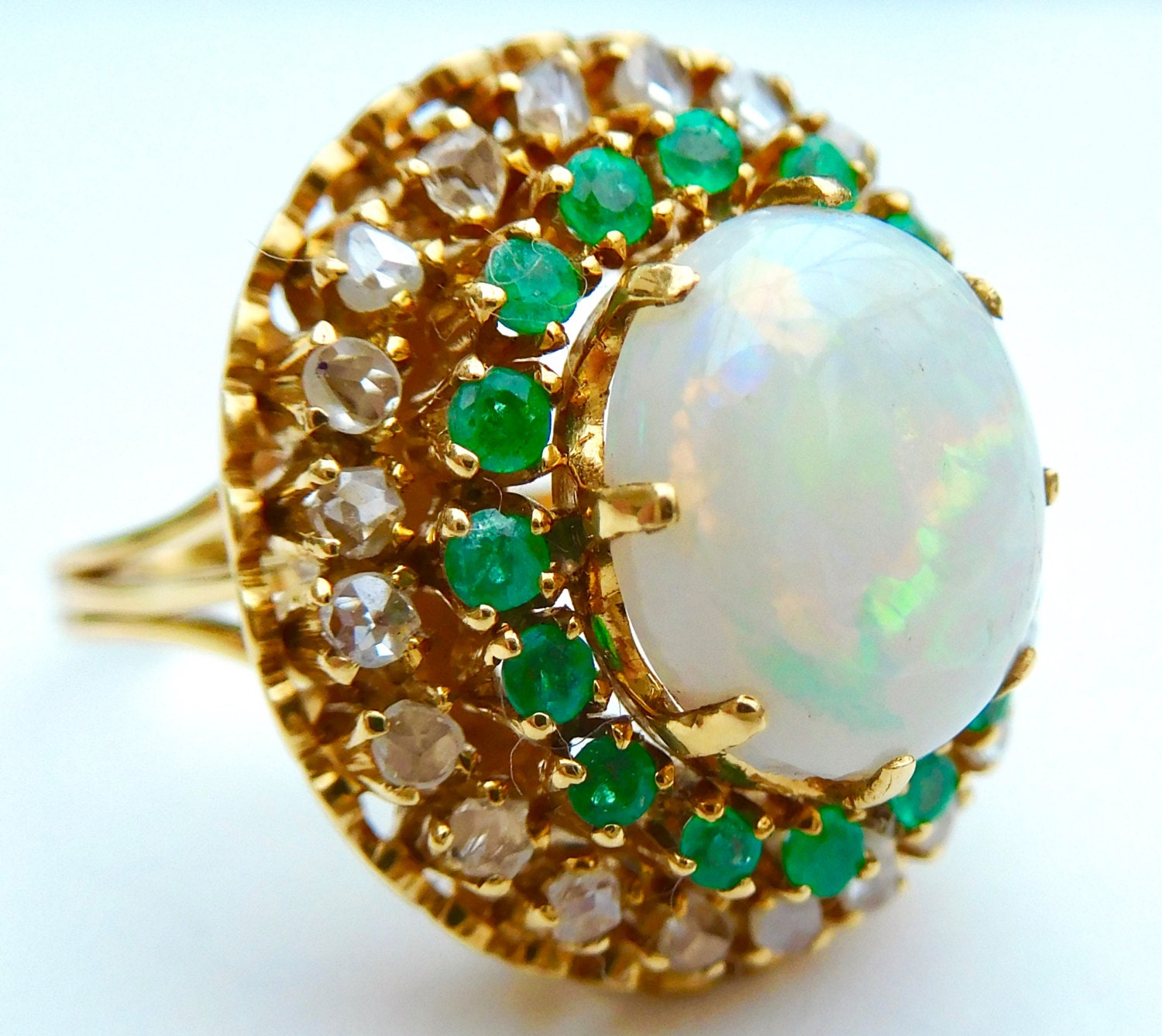 18ct opal, emerald and diamond ring, opal cluster, opal dress ring