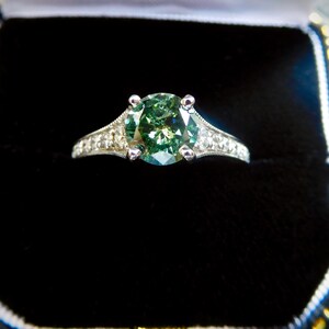 18ct white gold & fancy green diamond ring, green diamond engagement ring set in vinatage style mount, milgrain edging, brilliant cut