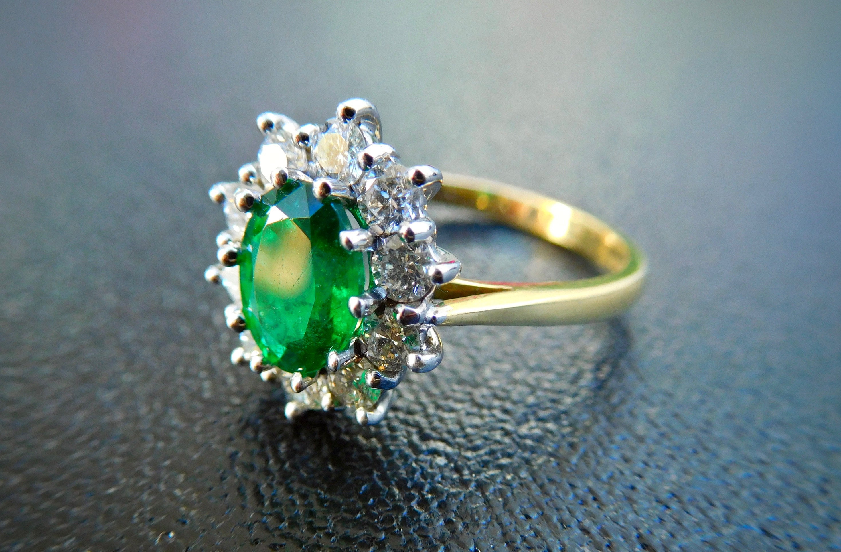 18ct Emerald & Diamond Cluster Ring, emerald engagement ring, classic