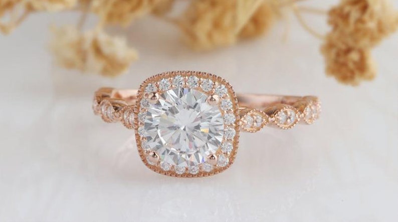 1.20ct Moissanite Engagement Ring, Vintage Halo Design, Availabl 1.20ct Moissanite Engagement Ring, Vintage Halo Design, Availabl