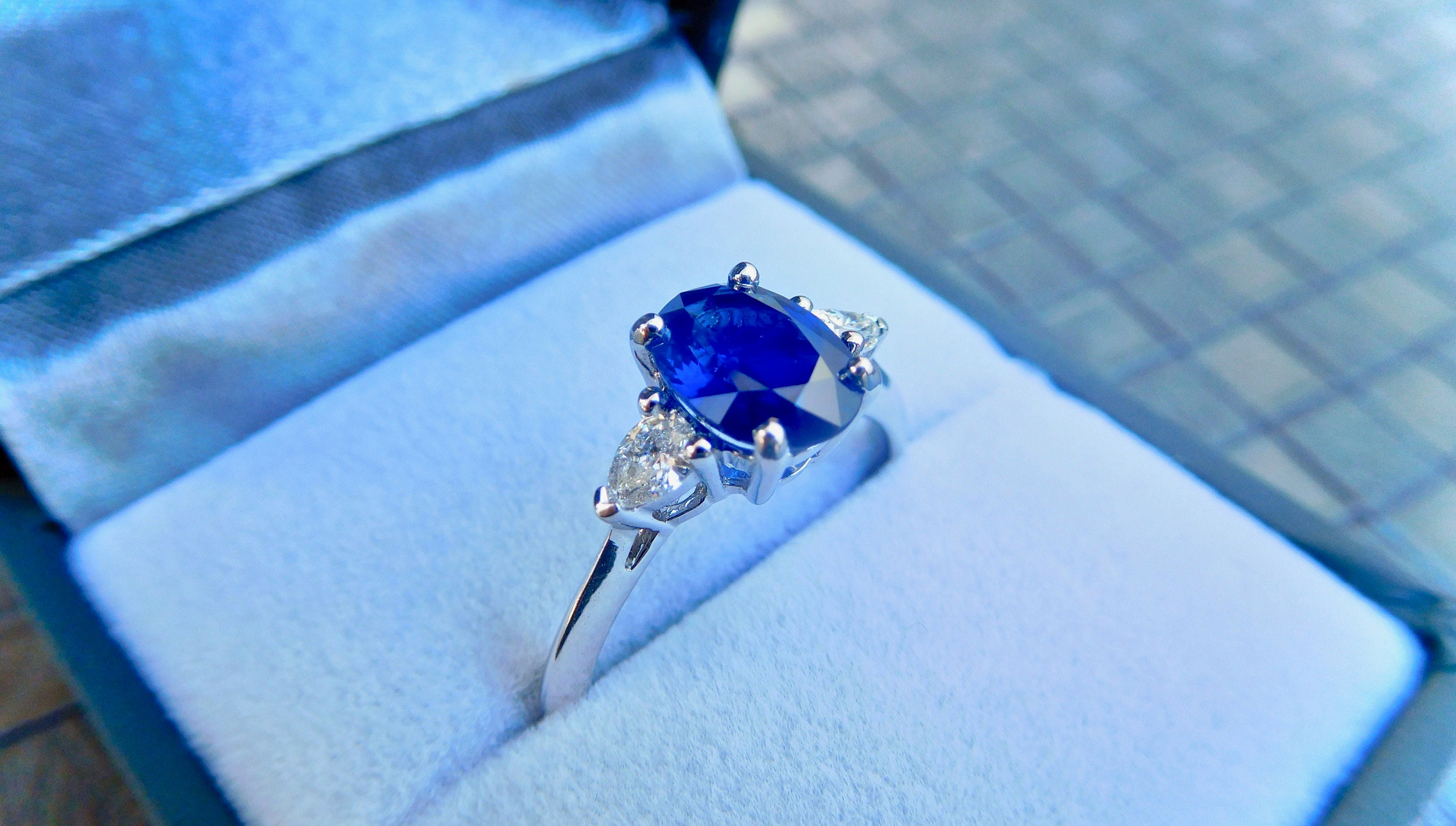 Sapphire & Diamond Three Stone Ring 18ct White Gold Blue - Etsy UK