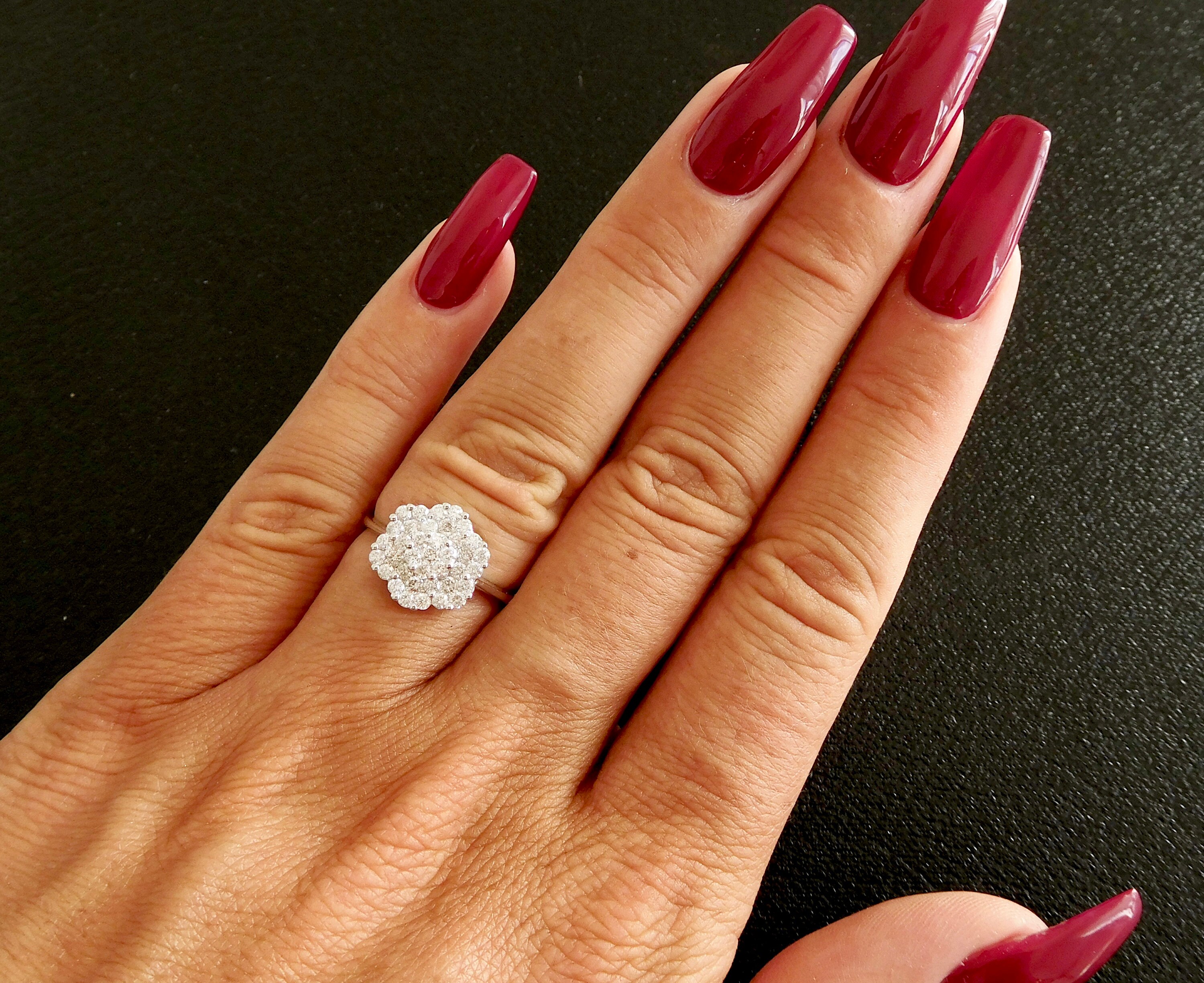 18ct white gold and diamond flower cluster engagement ring, diamond