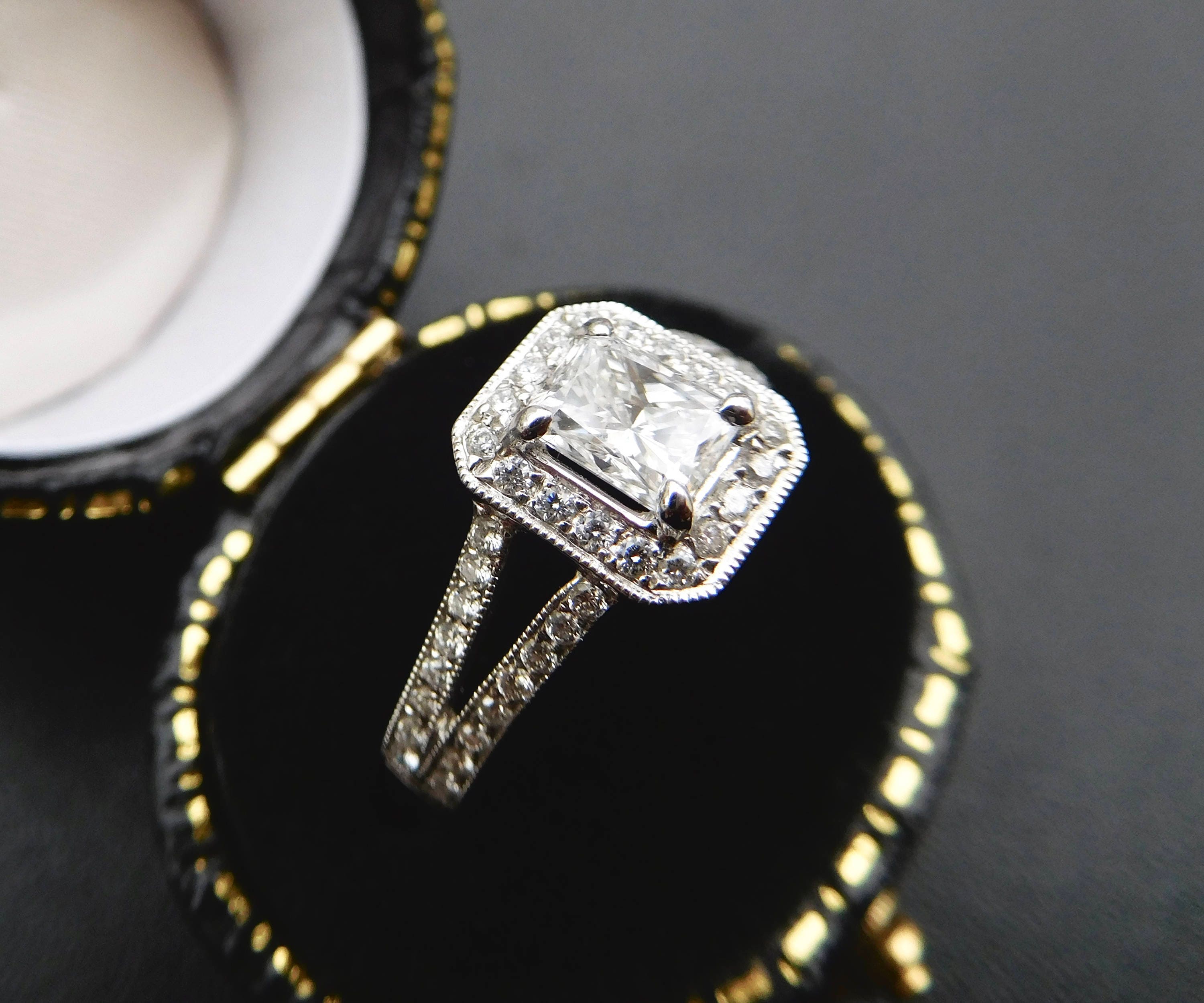 Vintage style 18ct white gold & radiant cut diamond engagement ring