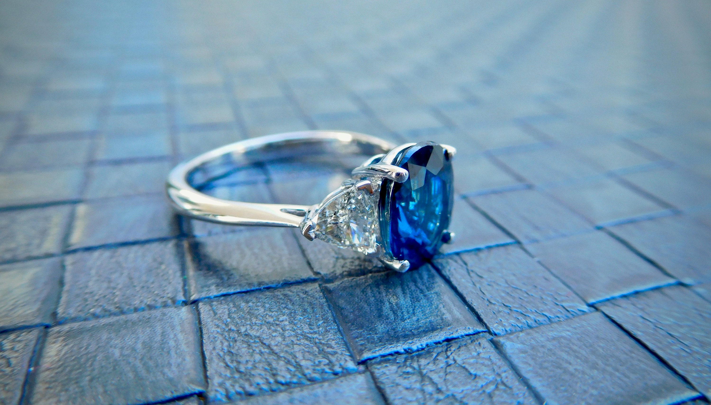 18ct white gold sapphire & diamond three stone, sapphire and diamond