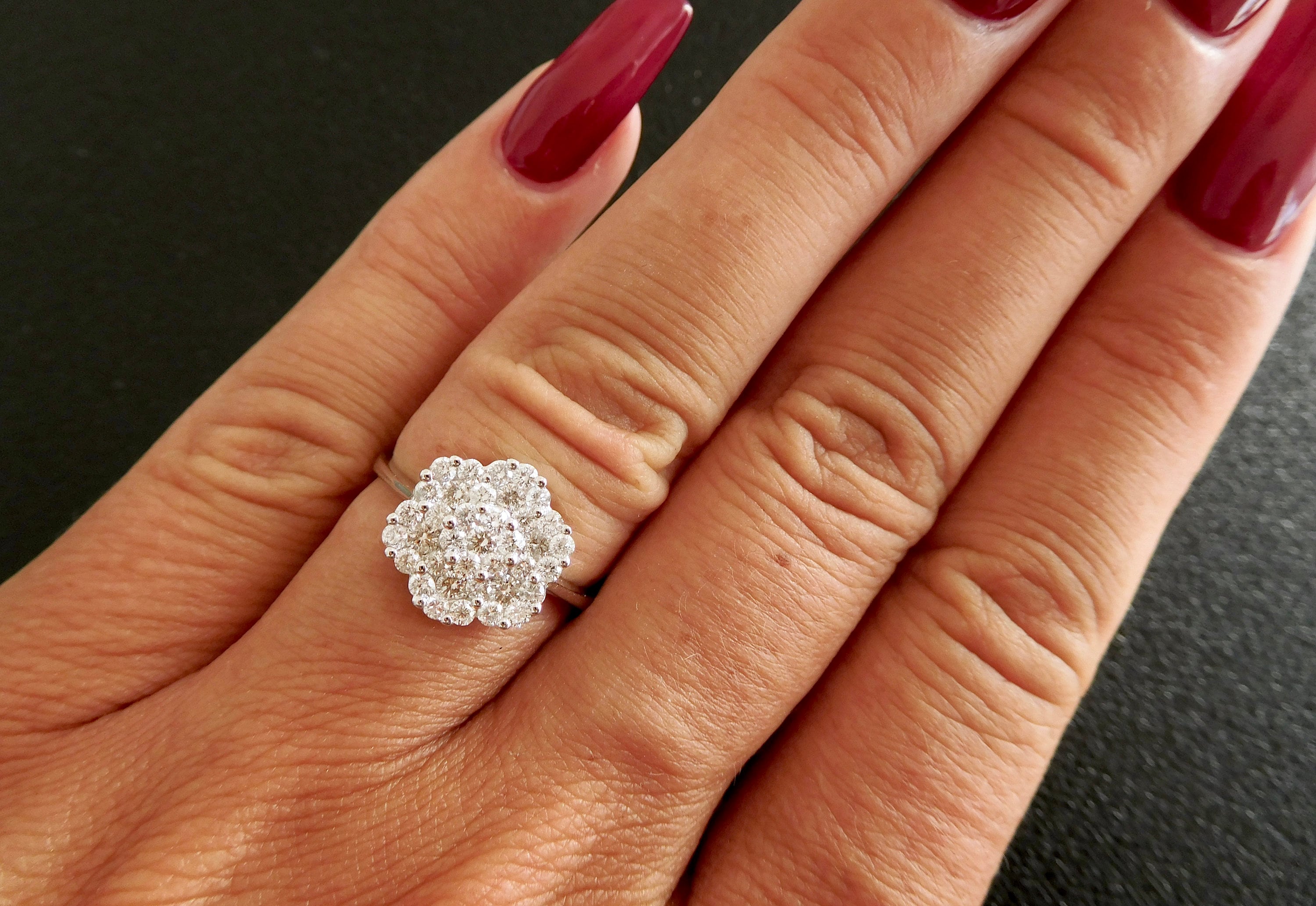 18ct white gold and diamond flower cluster engagement ring, diamond