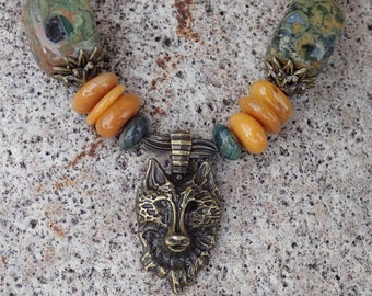 Yellow Jade & Green Ocean Jasper Wolf Necklace