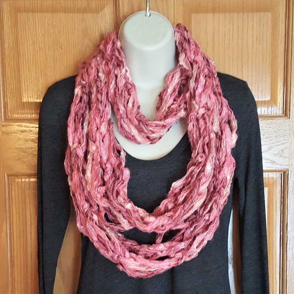 Pink knit infinity scarf, pink and white arm knit scarf, extra long knitted scarf, long skinny pink scarf, pink cowl, versatile scarf