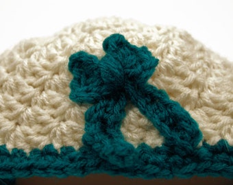 Cream colored hat with teal bow, crochet toddler hat, crochet baby winter hat, crochet beanie, baby beanie, baby hat, newborn hat, kids hat