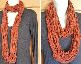 Burnt orange infinity scarf, rust scarf, long skinny orange knit scarf, arm knit copper scarf, terracotta infinity scarf, burnt orange scarf