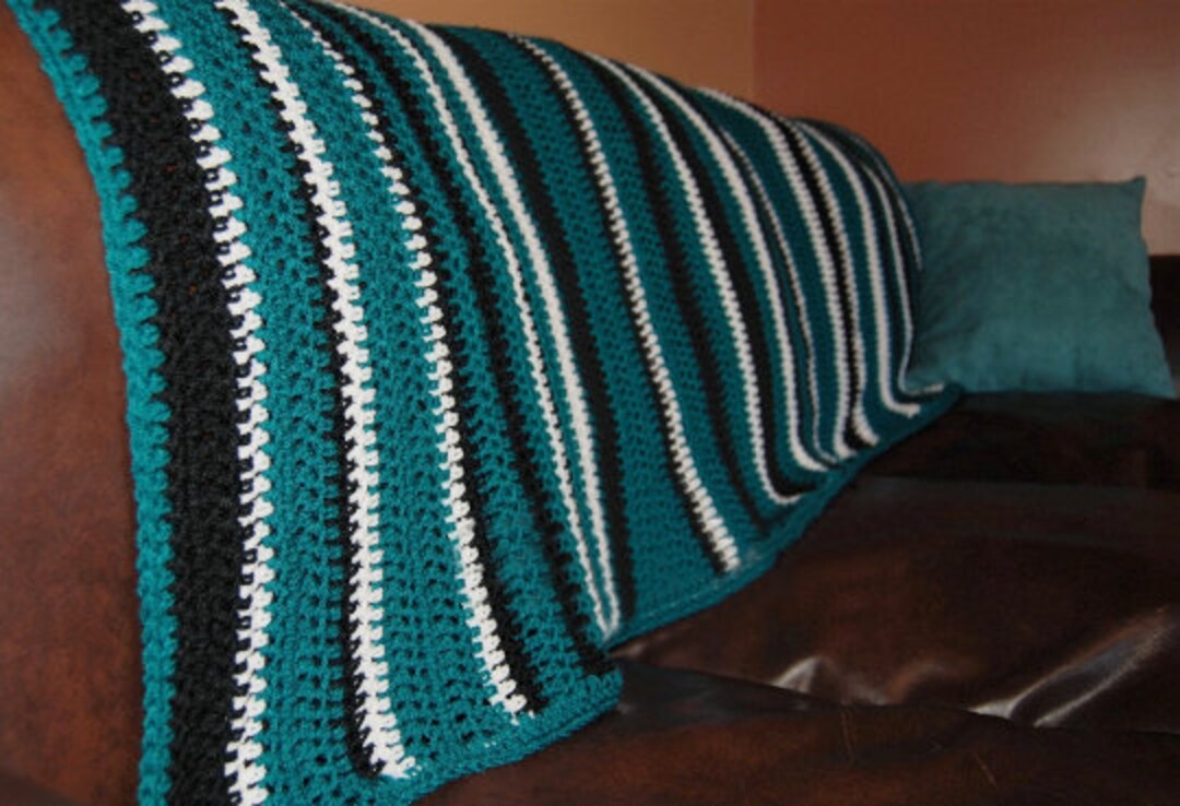 Teal and Black Striped Crochet Blanket, 4 by 6 Throw Blanket, Large