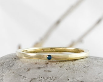 Blue Diamond Gold Ring, Minimalist Designer Solid Gold Engagement Ring, Modern Simple Wedding Band, Gold Stacking Ring by Nickolas Jewelery