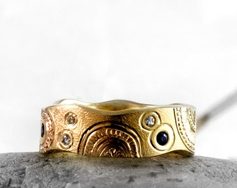 Hand Engraved Gold Ring by Nick Ovchinikov, Exclusive Designer Diamond and Sapphire Ring, Unique Statement Ring