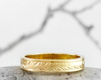 Gold Ring by Nick Ovchinikov, Hand Engraved Running Leaf Pattern, Handmade in Sheffield UK, 4mm Gold Wedding Band