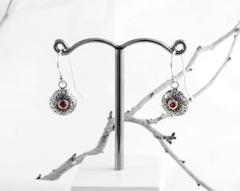 Ruby Earrings, Silver and 14ct Gold Drop Earrings by Nick Ovchinikov, Handmade Hand Textured in Sheffield