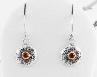 Citrine Drop Earrings, Silver and 14ct Gold Drop Earrings by Nick Ovchinikov, Handmade Hand Textured in Sheffield