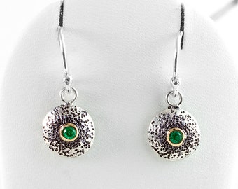 Emerald Drop Earrings, Silver and 14ct Gold Dangle Earrings by Nick Ovchinikov, Handmade Hand Textured in Sheffield
