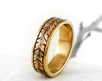 Gold Ring by Nick Ovchinikov, Hand Engraved Running Leaf Pattern, Handmade in Sheffield UK, 6mm Antiqued Gold Wedding Band