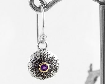 Amethyst Earrings, Silver and 14ct Gold Drop Earrings by Nick Ovchinikov, Handmade Hand Textured in Sheffield