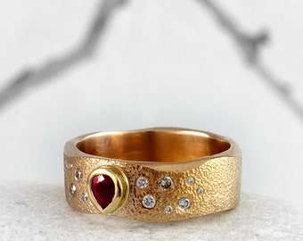 Ruby Diamond Gold Ring, Hand Textured Ring with 14 White Diamonds, 18ct Designer Gold Wedding Engagement Ring by Nick Ovchinikov