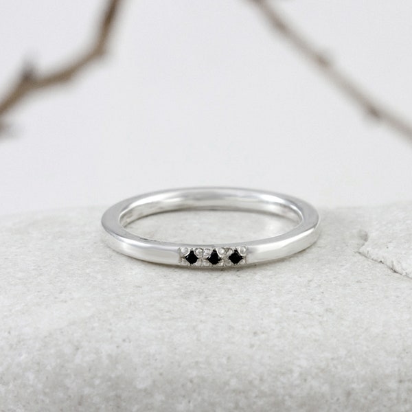 Black Diamond Silver Ring, Minimalist Modern Stacking Band with Genuine Black Diamonds, Handmade by Nick Ovchinikov