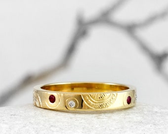 Ruby Diamond Gold Ring, Hand Engraved Ring with Diamonds and Rubies, Designer Gold Wedding Engagement Ring by Nick Ovchinikov