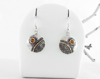 Citrine Earrings, Silver and 14ct Gold Designer Drop Earrings by Nick Ovchinikov, Hand Crafted Hand Textured in Sheffield