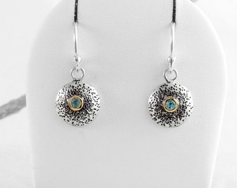 Blue Topaz Earrings, Silver and 14ct Gold Drop Earrings by Nick Ovchinikov, Handmade Hand Textured in Sheffield