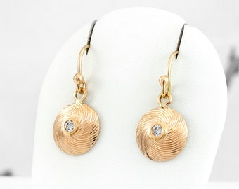 Gold Diamond Earrings, 14ct Gold Drop Earrings by Nick Ovchinikov, Handmade Hand Engraved in Sheffield